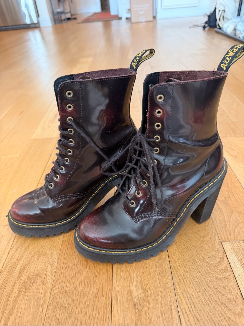 Dr. Martens Kendra Burgundy Patent Lace-Up Platform Heeled Boots